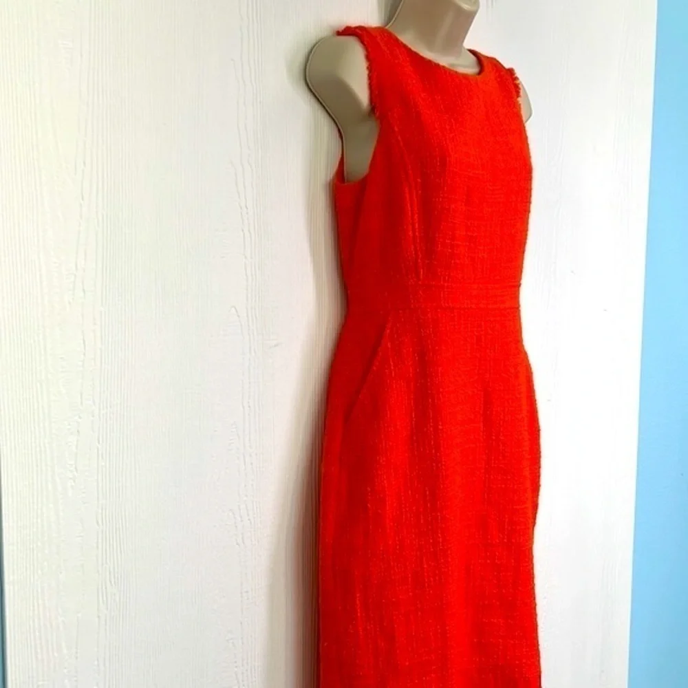 J Crew - Neon Persimmon Sheath Textured Tweed Midi Sleeveless Dress Size 4